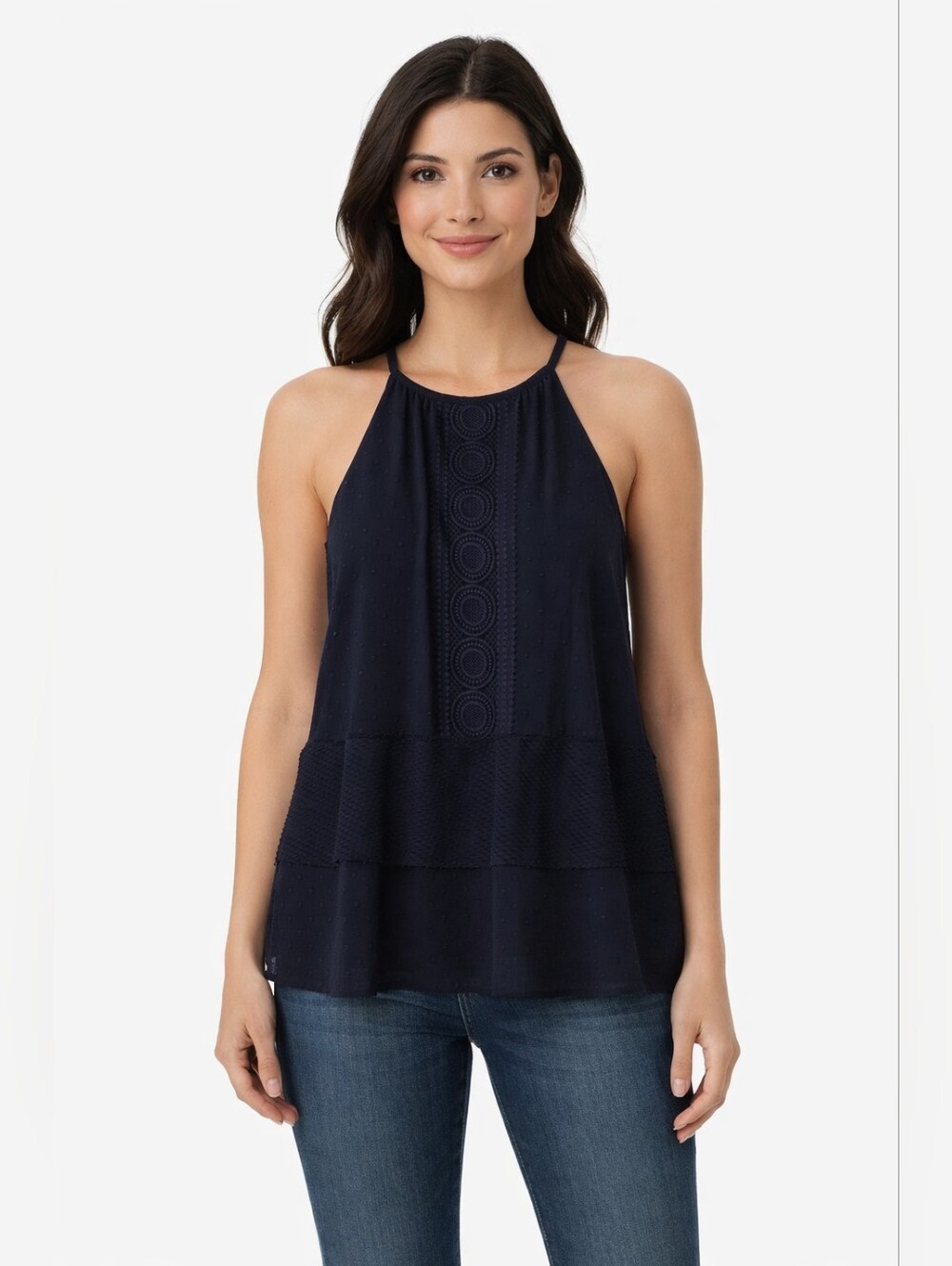 White House Black Market Navy High-Neck Eyelet Halter Top Size M